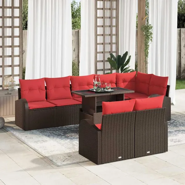 Ensemble de canapé de jardin 9 pcs Marron et rouge polyrotin