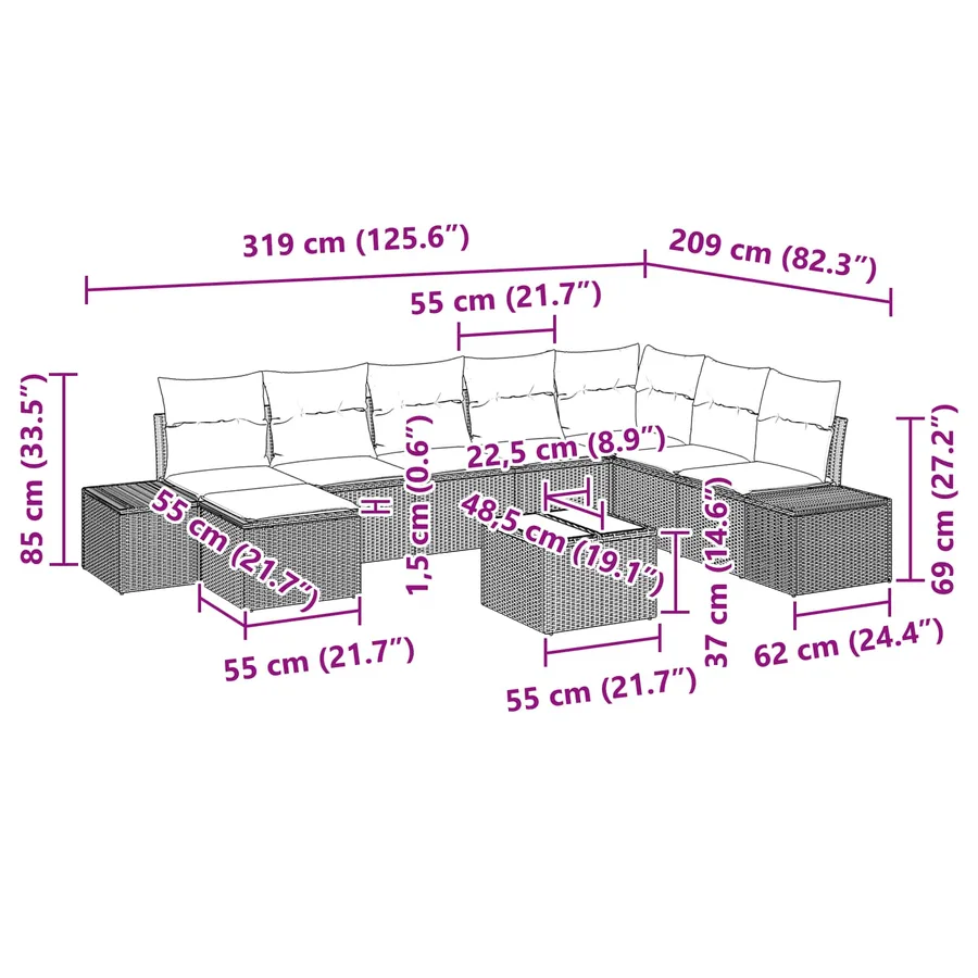 Ensemble de canapé de jardin 9 pcs Marron polyrotin - 8
