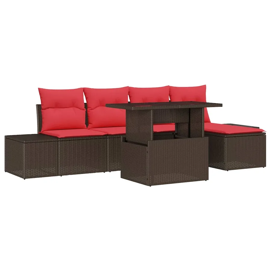 Ensemble de canapé de jardin 6 pcs Marron et rouge polyrotin - 2