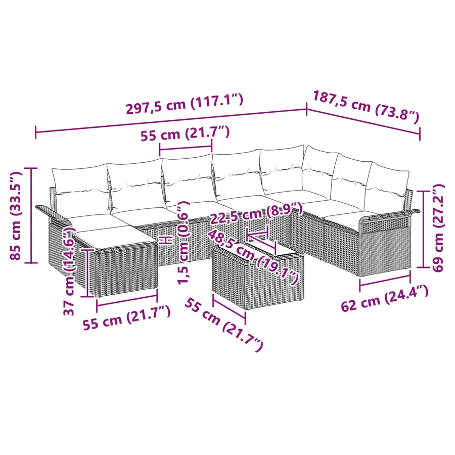 Ensemble de canapé de jardin 9 pcs Marron polyrotin - 15