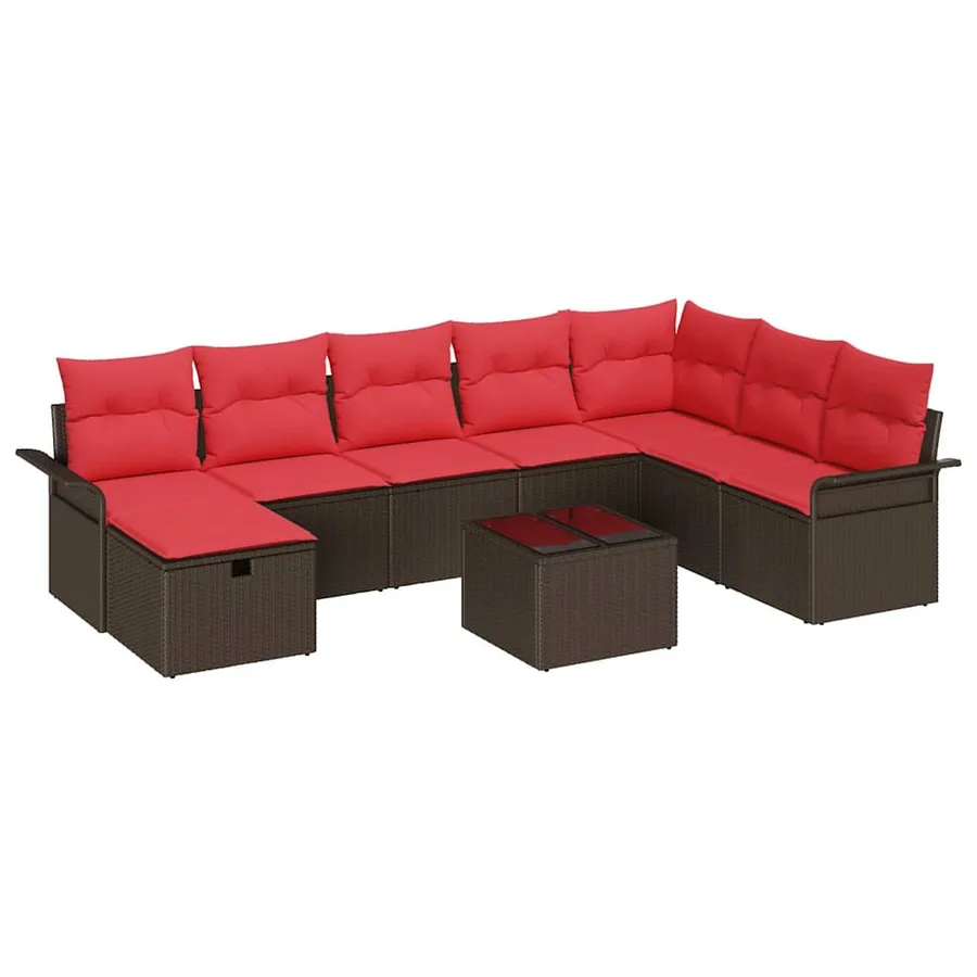 Ensemble de canapé de jardin 9 pcs Marron et rouge polyrotin - 2
