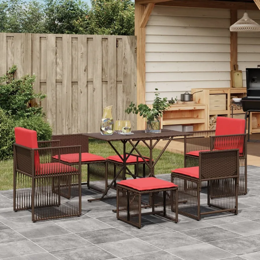 Ensemble à manger de jardin et coussins 7 pcs marron poly rotin