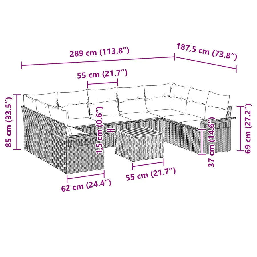 Ensemble de canapé de jardin avec coussin 10 pcs Gris polyrotin - 9