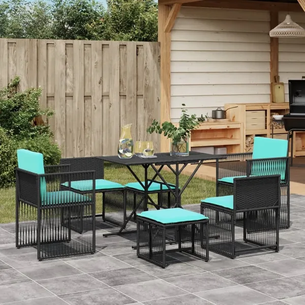 Ensemble à manger de jardin 7 pcs coussins noir résine tressée