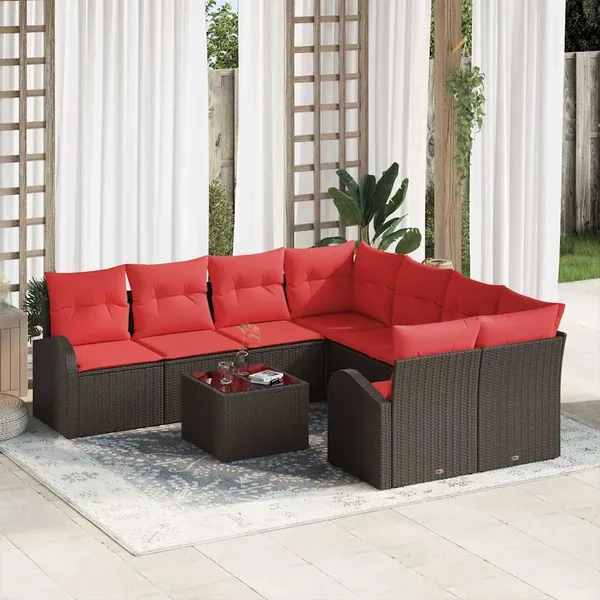 Ensemble de Canapés avec coussin 9 pcs Beige et Rouge polyrotin