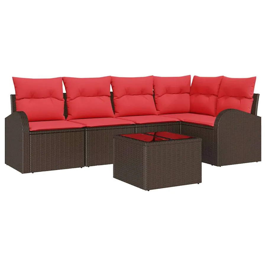 Ensemble de canapé de jardin 6 pcs Marron et rouge polyrotin - 2