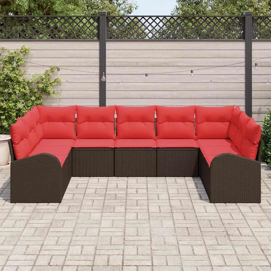Ensemble de canapé de jardin 9 pcs Marron et rouge polyrotin - 3