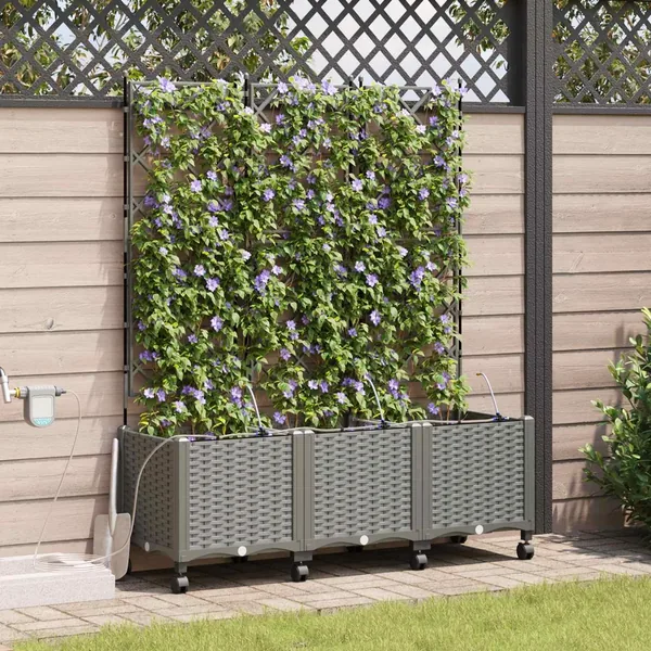 Porte-plante de jardin avec irrigation et roues 3 pc Gris clair