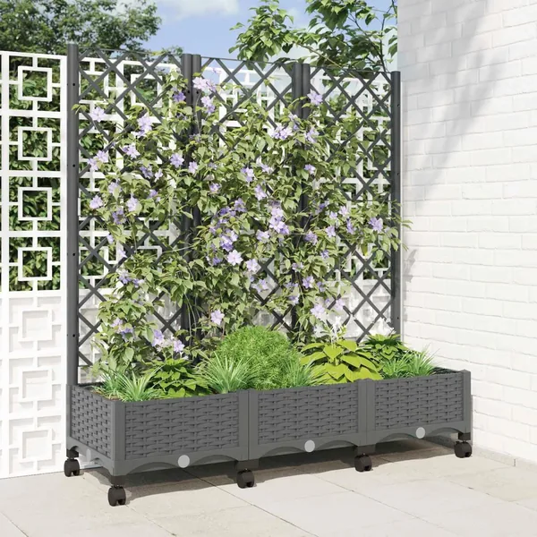 Bac de jardin avec treillis et roues Gris clair PP