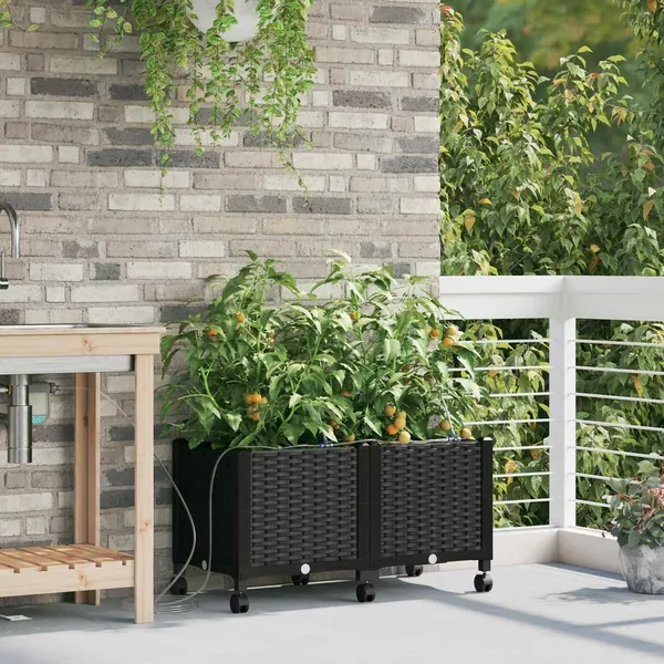 Porte-plante de jardin avec irrigation et roues 2 pc Noir PP