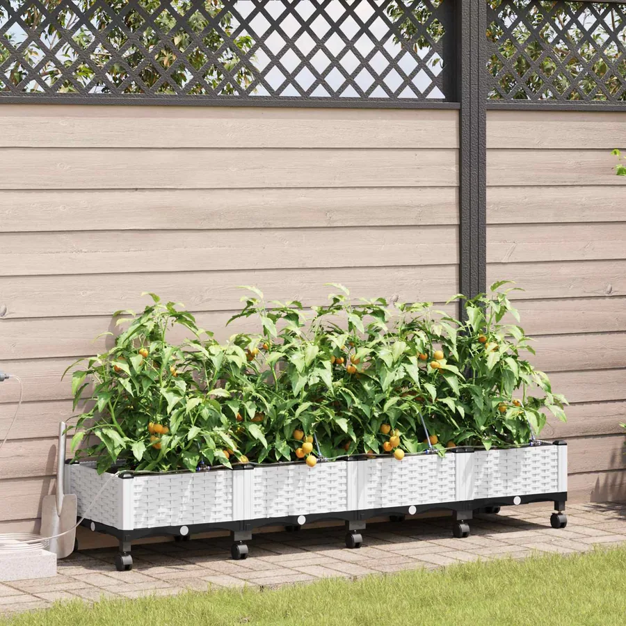 Porte-plante de jardin avec irrigation et roues 4 pc Blanc PP