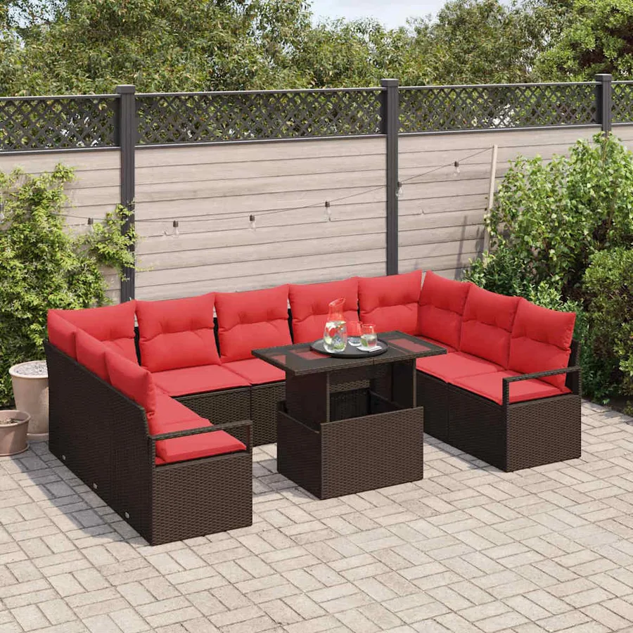 Ensemble de canapé de jardin 10 pcs Marron Poly rotin - 3