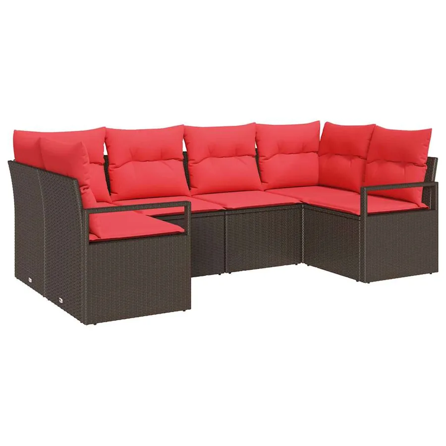 Ensemble de canapé de jardin 6 pcs Marron et rouge polyrotin - 2