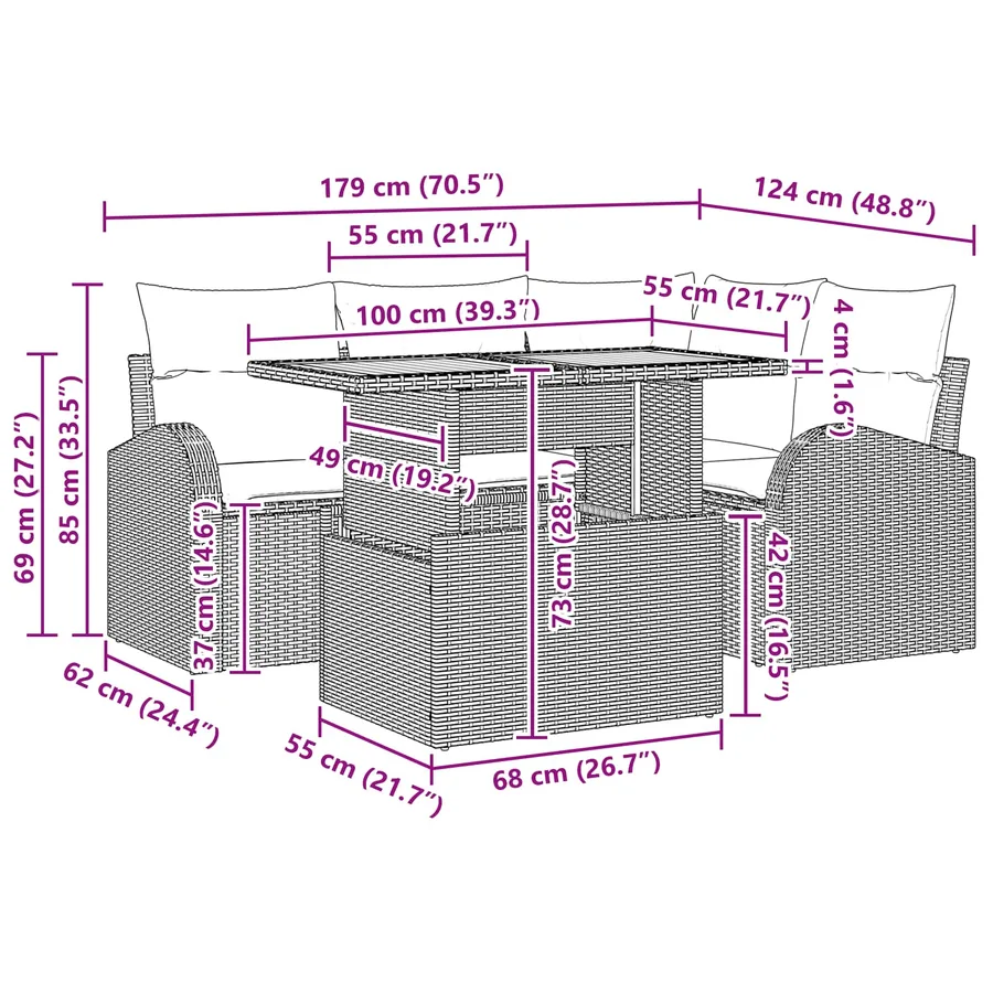 Ensemble de canapé de jardin 5 pcs Noir Poly rotin - 15