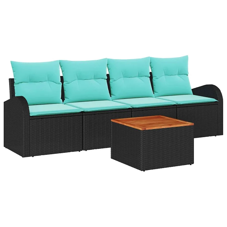 Ensemble de canapé de jardin 5 pcs Noir et turquoise polyrotin - 2