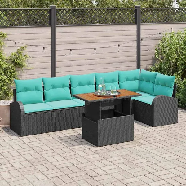 Ensemble de canapé de jardin 7 pcs Noir Poly rotin