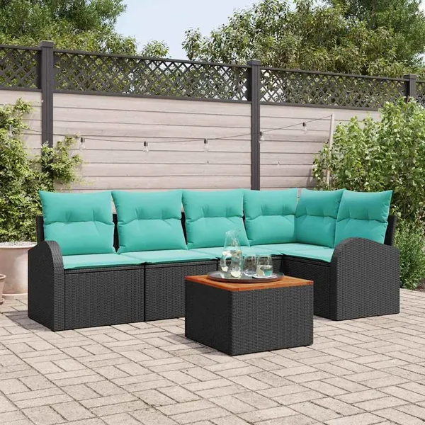 Ensemble de canapé de jardin 6 pcs Noir et turquoise polyrotin