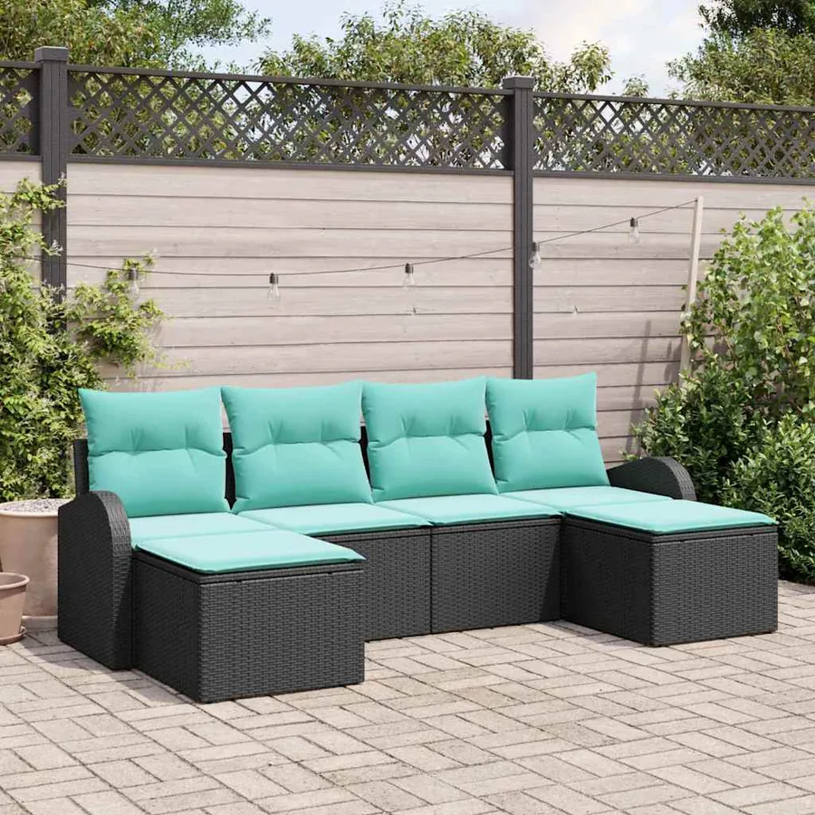 Ensemble de Canapés 6 pcs Noir et turquoise polyrotin