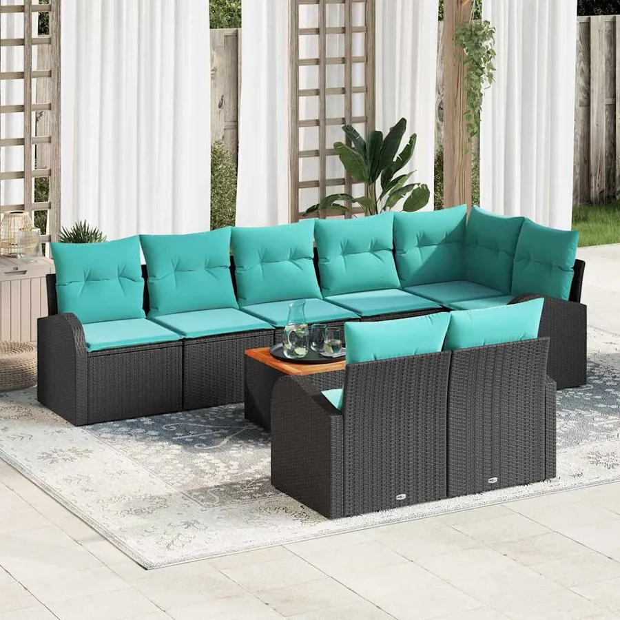 Ensemble de canapé de jardin 9 pcs Noir et turquoise polyrotin