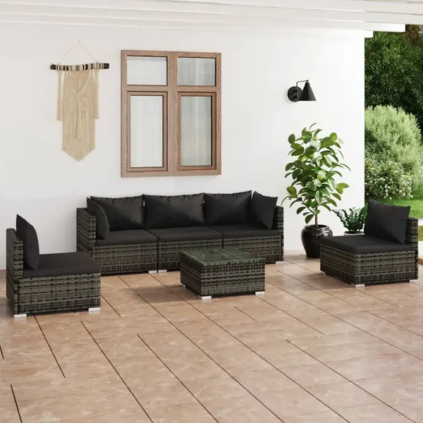 Salon de jardin 6 pcs avec coussins Résine tressée Gris