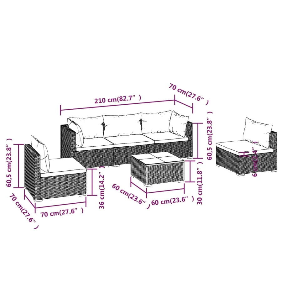 Salon de jardin 6 pcs avec coussins Résine tressée Gris - 9