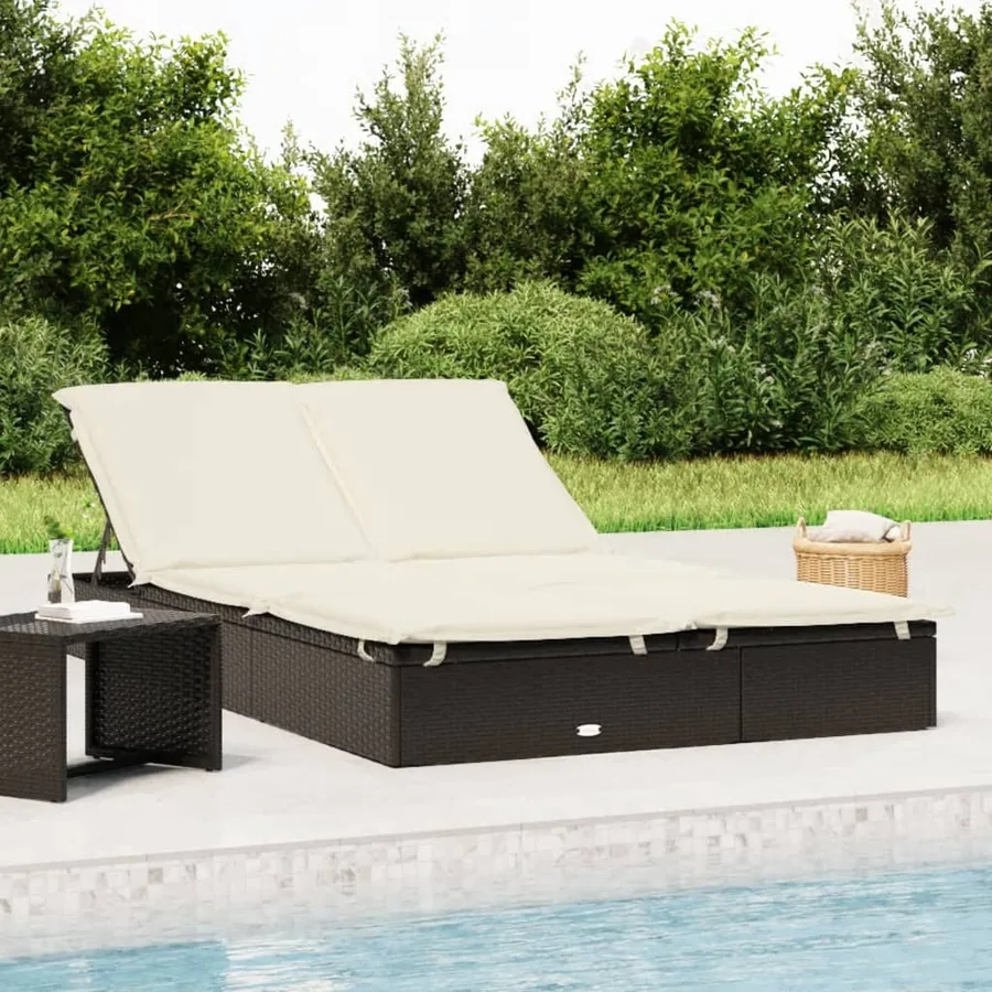 Chaise longue à 2 places avec coussins noir résine tressée - 34