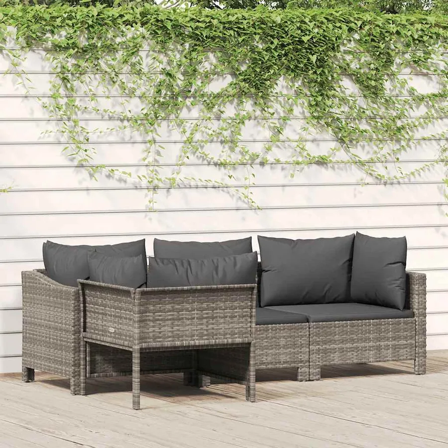 Salon de jardin 4 pièces avec coussins en polyrotin gris
