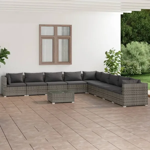 Salon de jardin 10 pcs avec coussins Résine tressée Gris