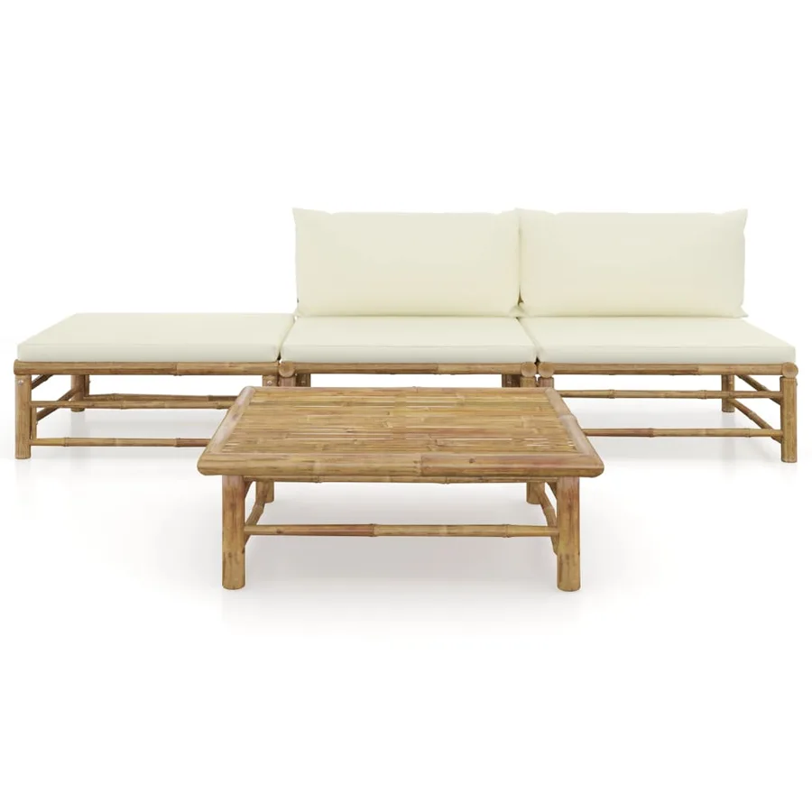 Salon de jardin 4 pcs avec coussins blanc crème bambou - 2