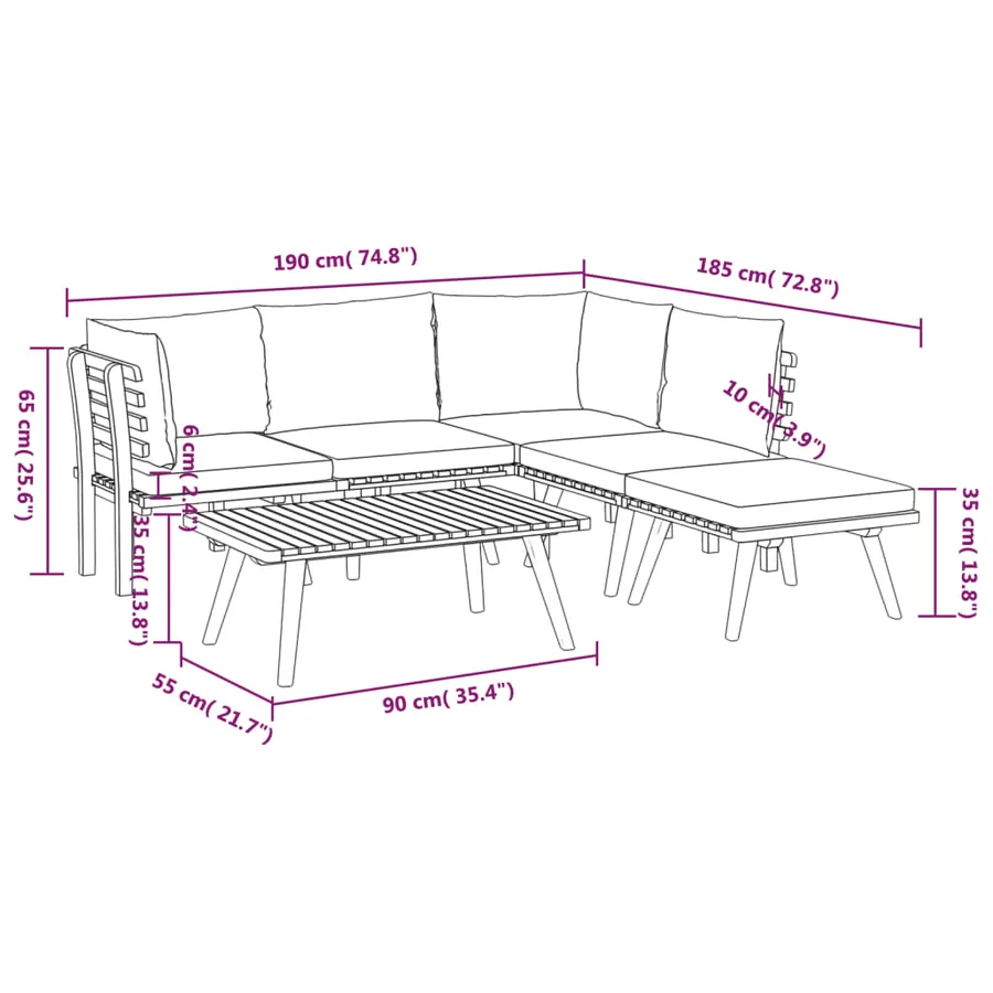Salon de jardin 6 pcs avec coussins Bois d'acacia solide - 8