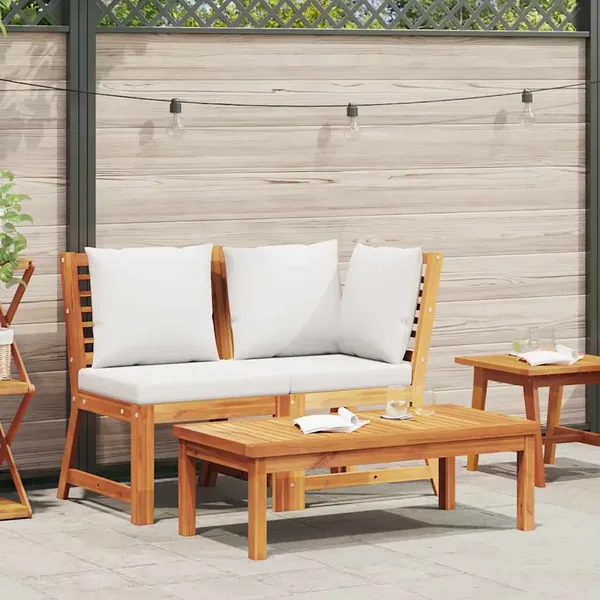 Salon de jardin 3 pcs avec coussin crème Bois d'acacia solide