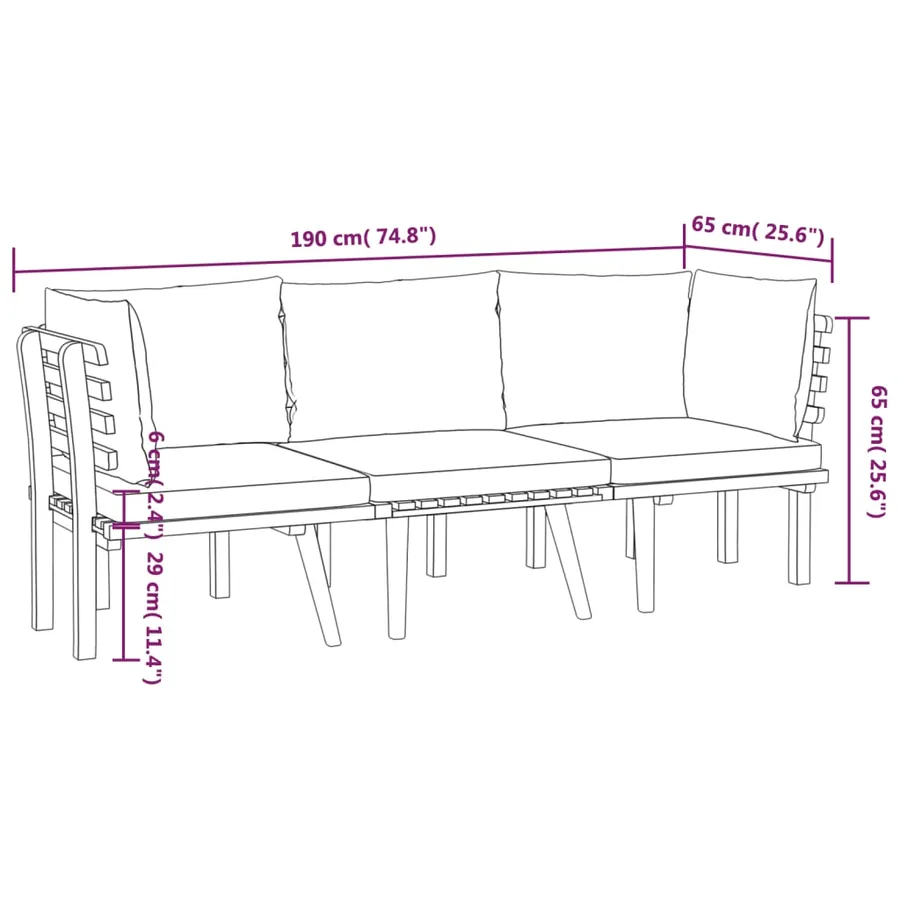 Salon de jardin 3 pcs avec coussins Bois d'acacia massif - 8