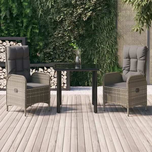 Ensemble à manger jardin 3pcs avec coussins noir et gris