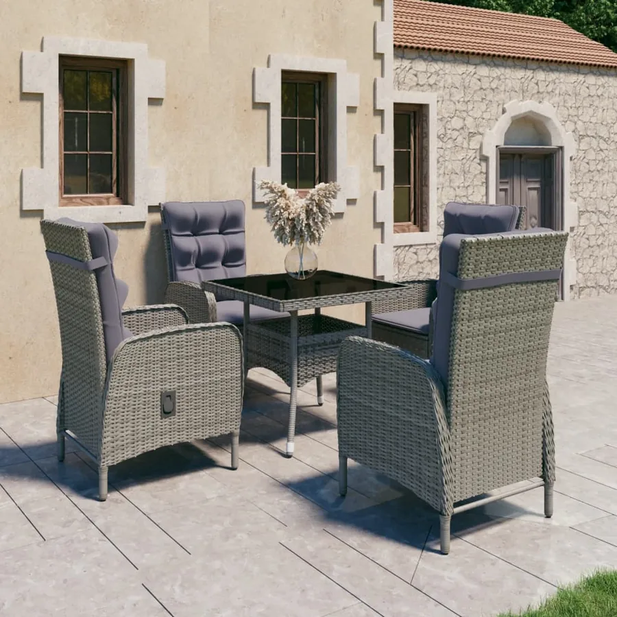 Ensemble à manger de jardin 5 pcs Résine tressée et verre Gris