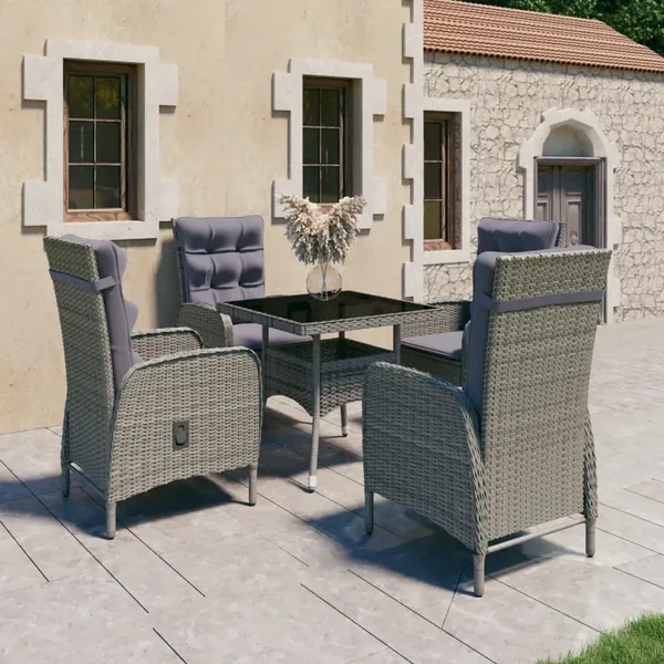 Ensemble à manger de jardin 5 pcs Résine tressée et verre Gris