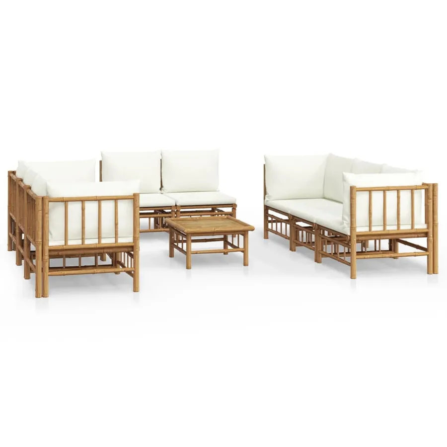 Salon de jardin 9 pcs avec coussins blanc crème bambou - 2