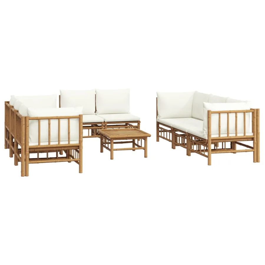Salon de jardin 9 pcs avec coussins blanc crème bambou - 3