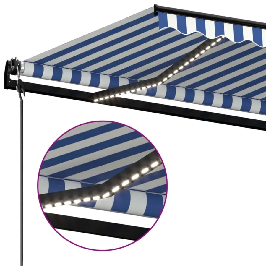 Auvent automatique capteur de vent LED 450x350 cm Bleu et blanc - 4