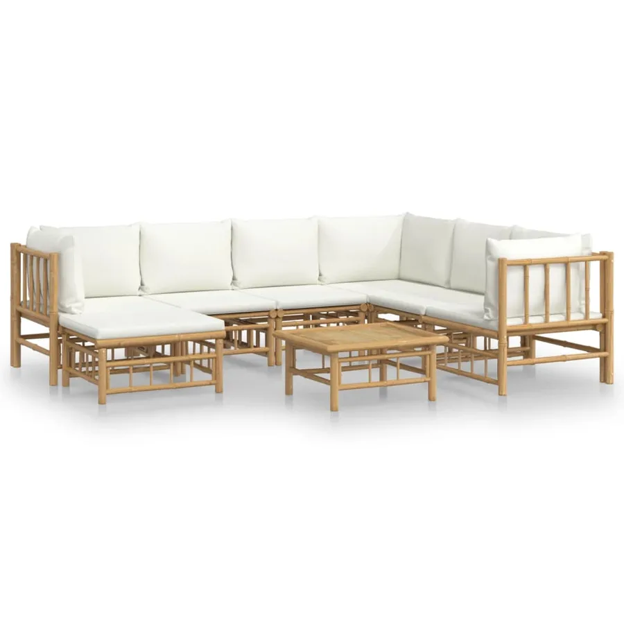 Salon de jardin 8 pcs avec coussins blanc crème bambou - 2