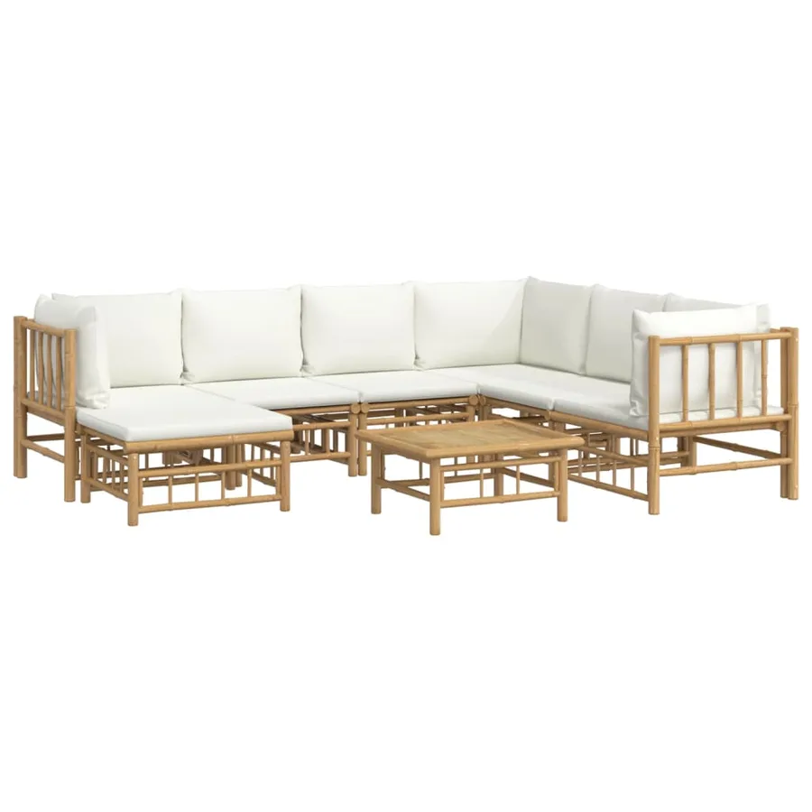 Salon de jardin 8 pcs avec coussins blanc crème bambou - 3