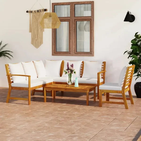 Salon de jardin 5 pcs avec coussin Crème Bois d'acacia solide