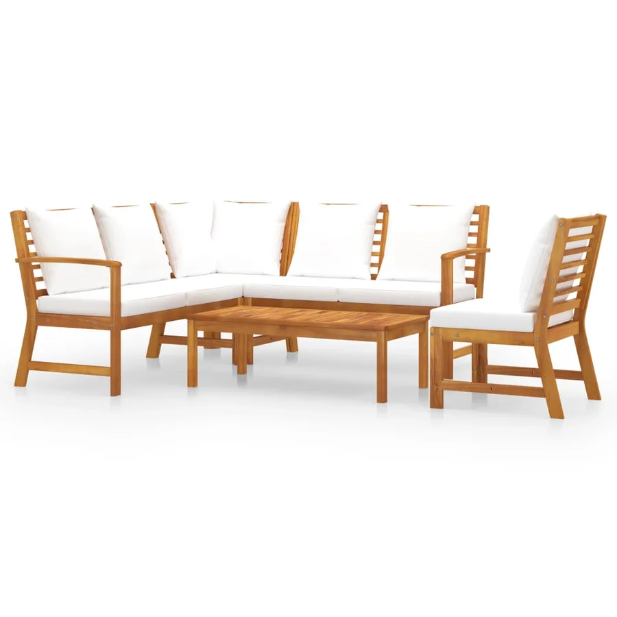 Salon de jardin 5 pcs avec coussin Crème Bois d'acacia solide - 2