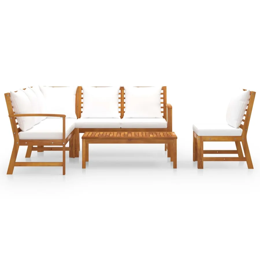 Salon de jardin 5 pcs avec coussin Crème Bois d'acacia solide - 3