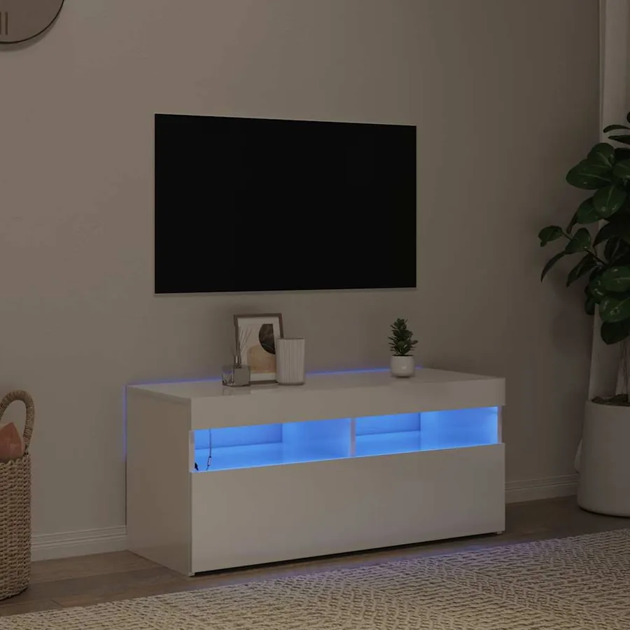 Meuble TV avec lumières LED blanc brillant 90x35x40 cm