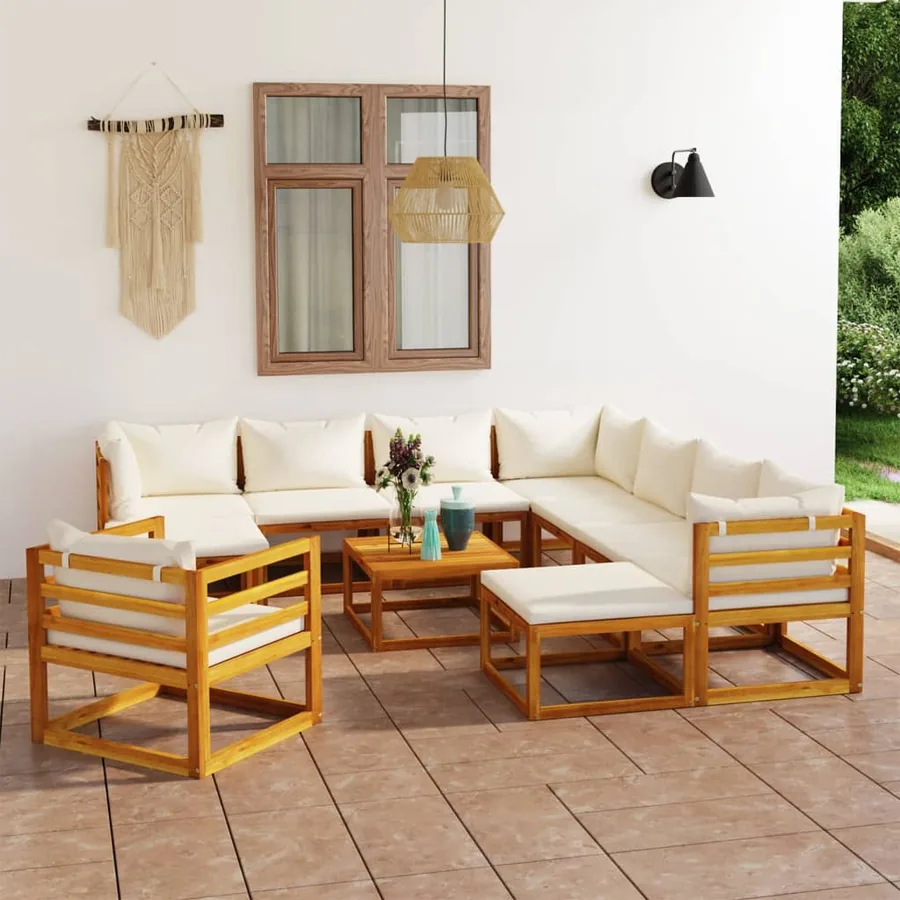 Salon de jardin 12 pcs avec coussin Crème Bois d'acacia solide