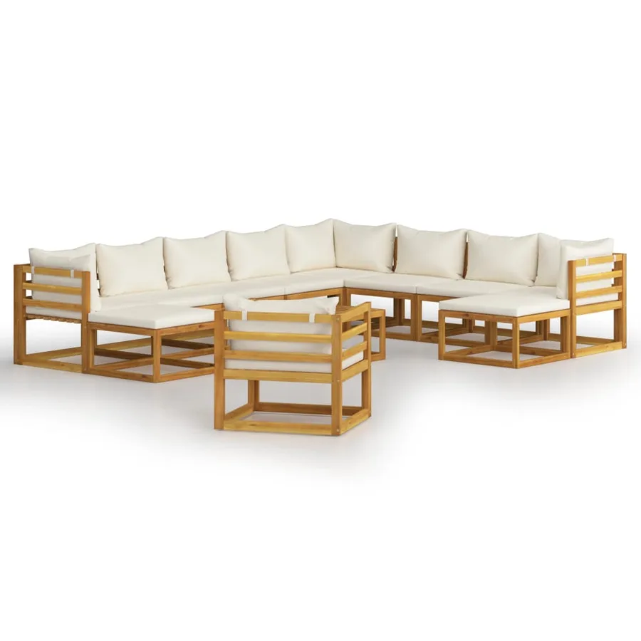 Salon de jardin 12 pcs avec coussin Crème Bois d'acacia solide - 2