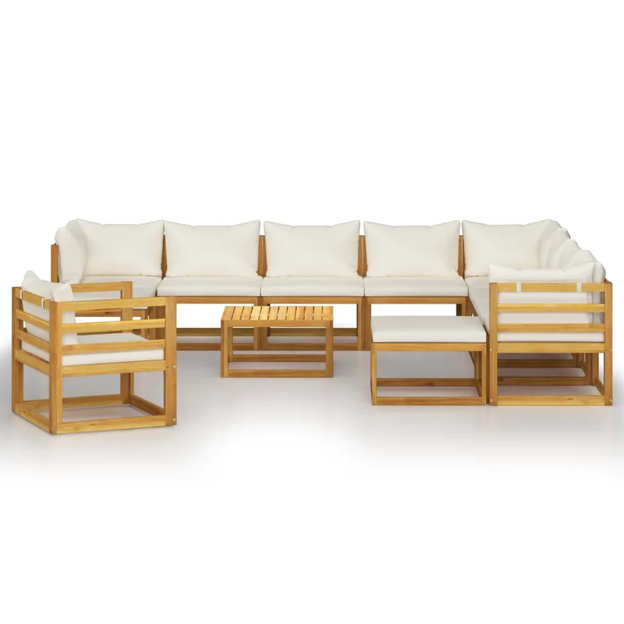 Salon de jardin 12 pcs avec coussin Crème Bois d'acacia solide - 3