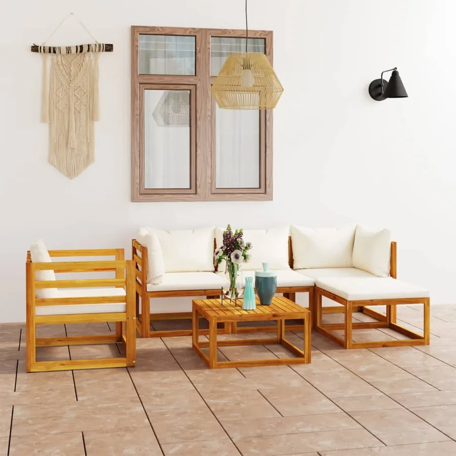Salon de jardin 6 pcs avec coussin Crème Bois d'acacia solide