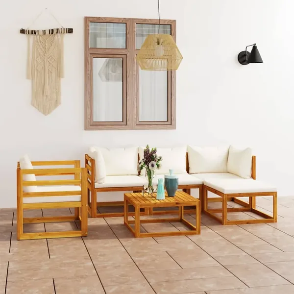 Salon de jardin 6 pcs avec coussin Crème Bois d'acacia solide