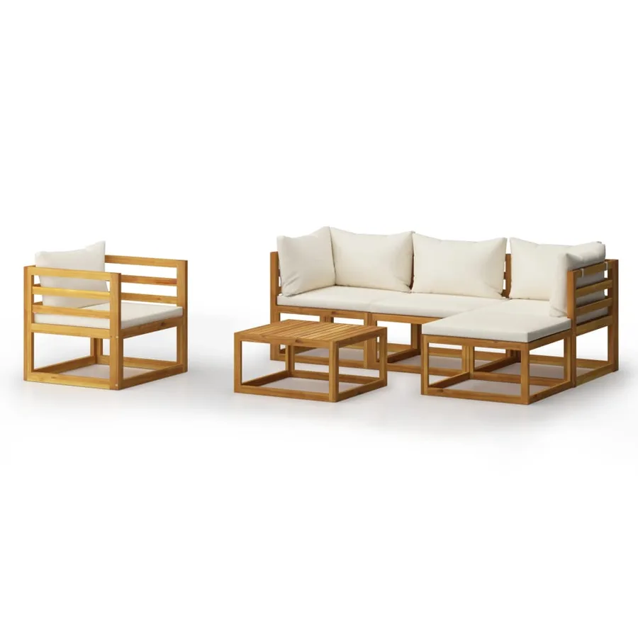 Salon de jardin 6 pcs avec coussin Crème Bois d'acacia solide - 2